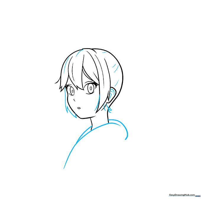 Adding detail to the hair and starting the outline of the hoodie around the character's shoulders.
