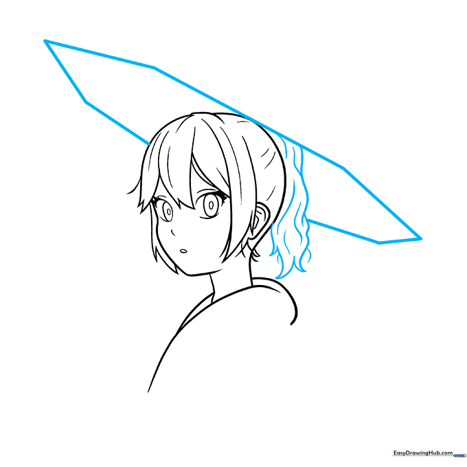 Sketching a hexagon shape above the head to define the umbrella and adding a ponytail.
