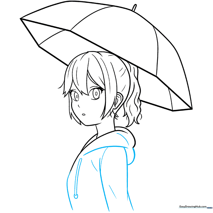 Finalizing the hoodie silhouette, including the hood and drawstring details.