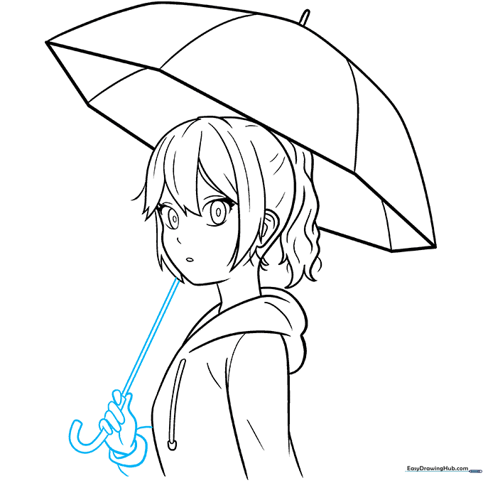 Adding the umbrella shaft and hand gripping the handle, plus final sleeve details.