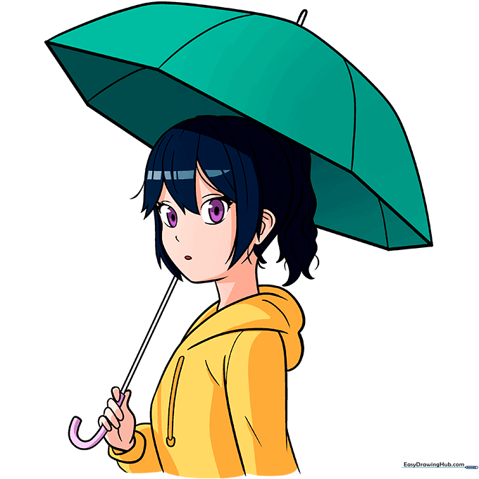 The finished, colored illustration of an anime girl holding an umbrella in the rain.