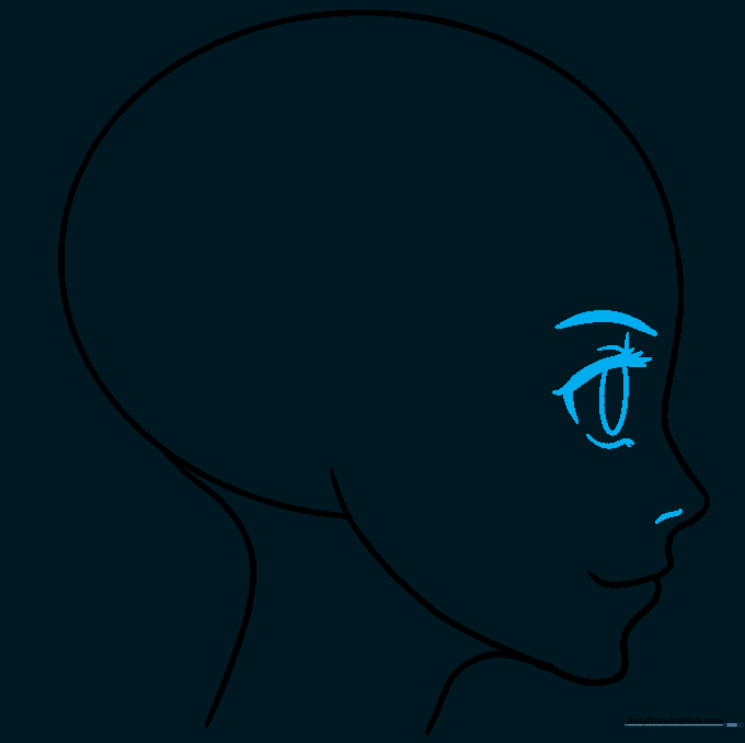 The anime girl's eye, eyebrow, and pupil are drawn with clean, bold lines after erasing guides.