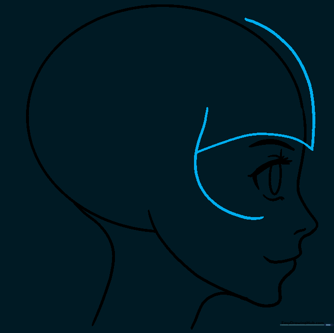 Initial hair outline framing the forehead and side of the face.