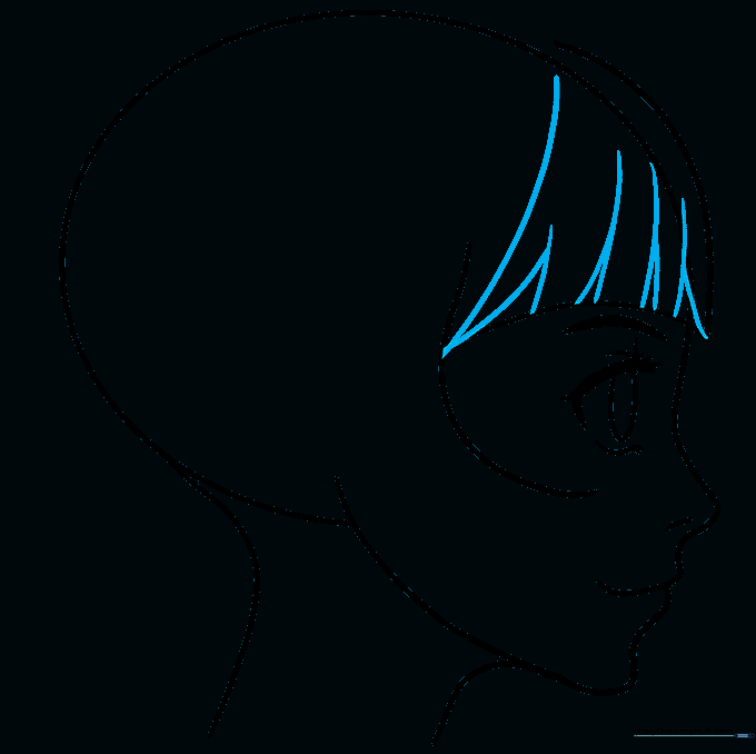 Detailed bangs added to the anime girl's forehead using pointed, curved lines.