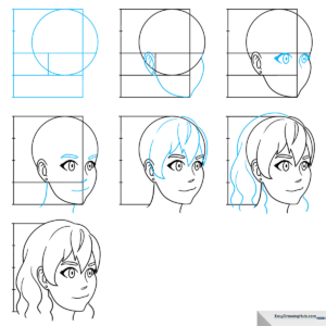 Finished anime head illustration in 3/4 view, showcasing clean lines and expressive features.