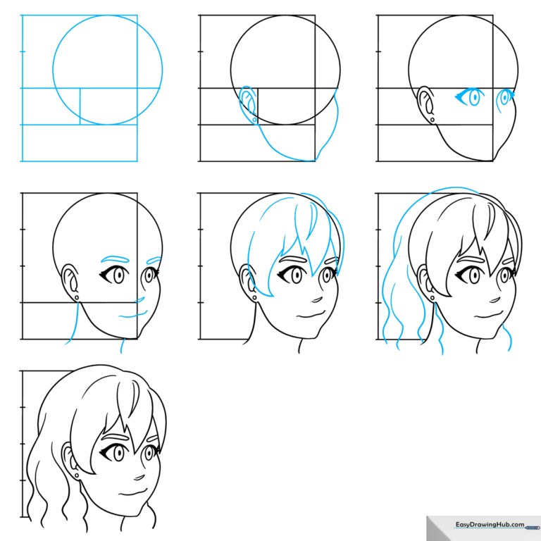 Finished anime head illustration in 3/4 view, showcasing clean lines and expressive features.