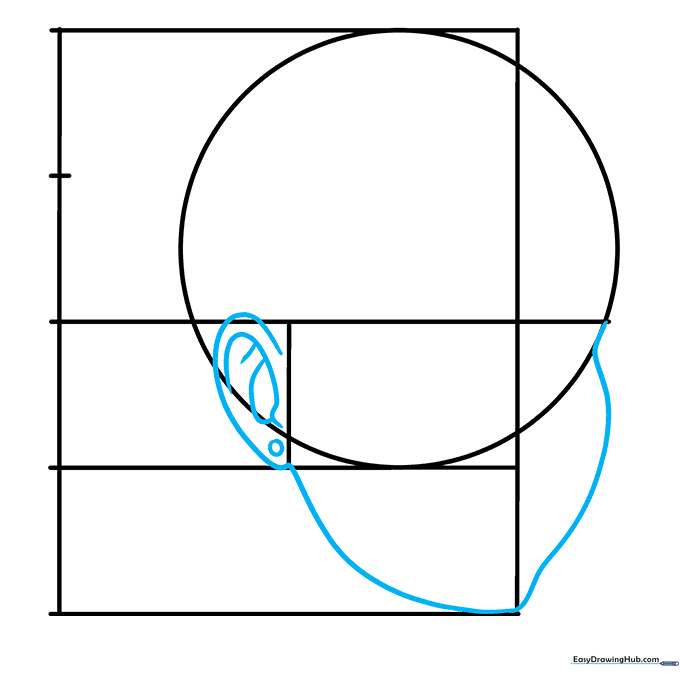 Drawing the jawline and ear structure for an anime character in 3/4 view.