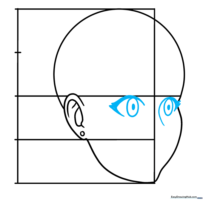 Detailed anime eyes drawn with pupils and irises on a 3/4 view face.