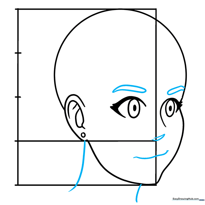 Adding eyebrows, nose, mouth, and neck lines to the anime face.
