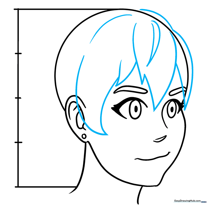 Beginning to draw anime hair locks over the forehead and sides.