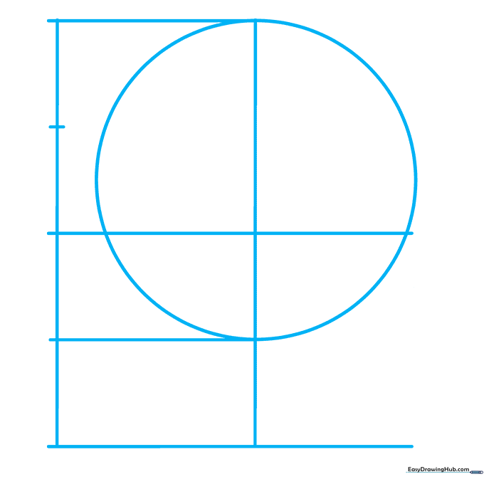 Pencil sketch showing a circular head shape placed on a grid of horizontal and vertical construction lines.