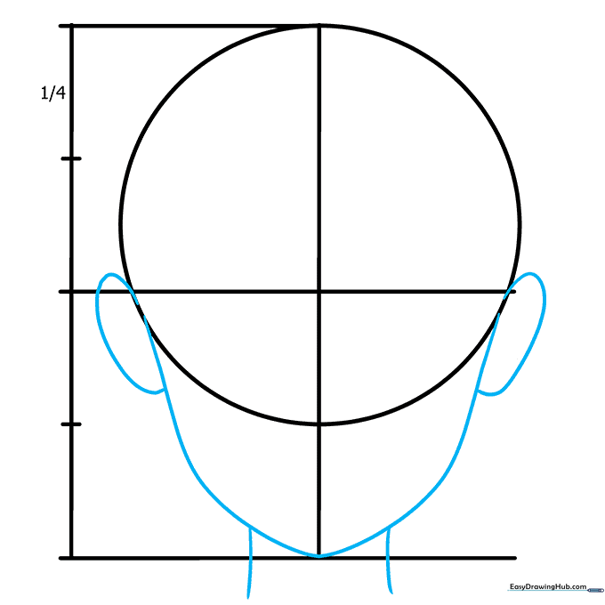 Drawing showing the addition of a pointed chin, ears, and neck structure to the head base.