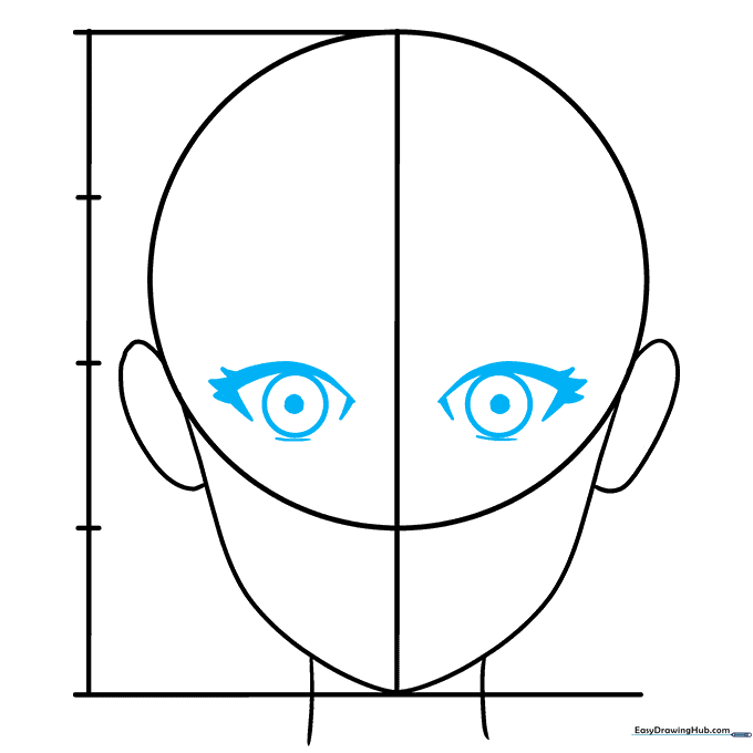 Close-up of anime-style eyes being drawn with pupils, irises, and thick eyelashes.