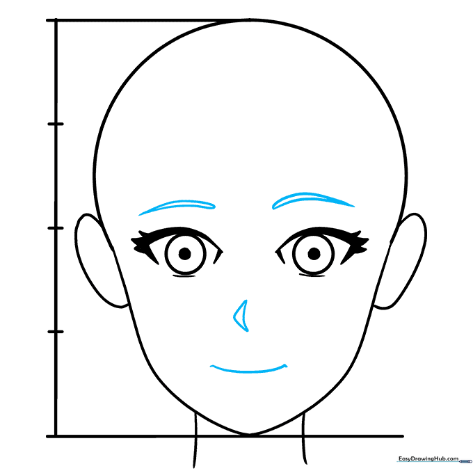 Face showing the addition of eyebrows, a small nose, and a simple mouth line.