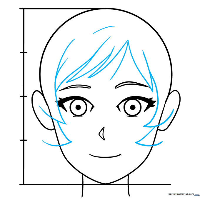 Sketching the initial hair bangs using pointed, curved shapes.