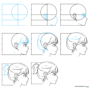 Finished anime girl character in profile view, colored and polished.