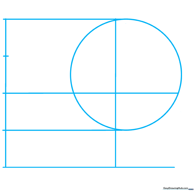 Pencil sketch showing a circle and intersecting grid lines used to map out an anime head profile.