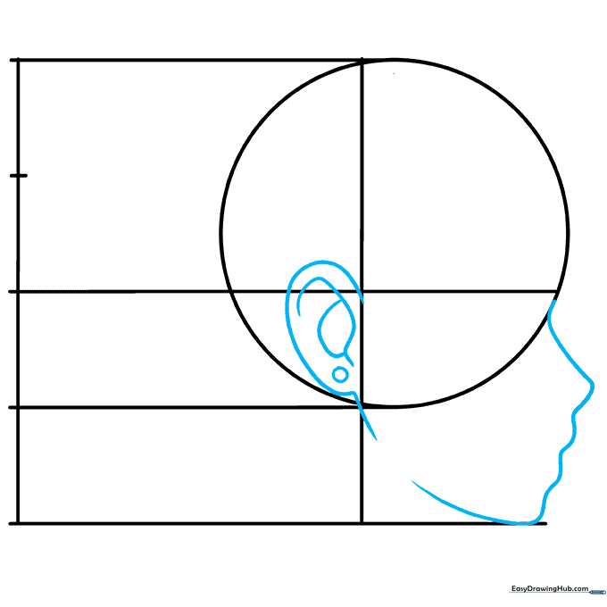 Drawing the jawline, chin, and ear structure for an anime character in profile view.