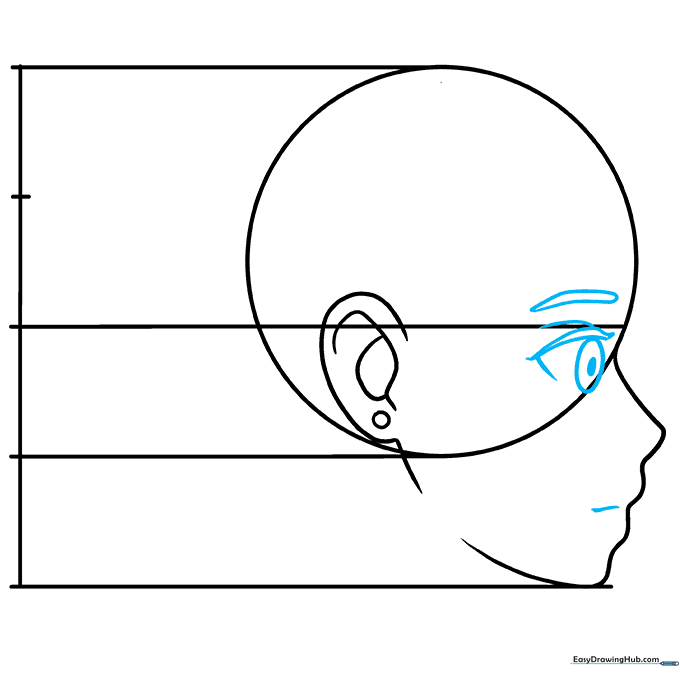 Detailed sketch of an anime eye, eyebrow, and mouth positioned on the side-view face structure.