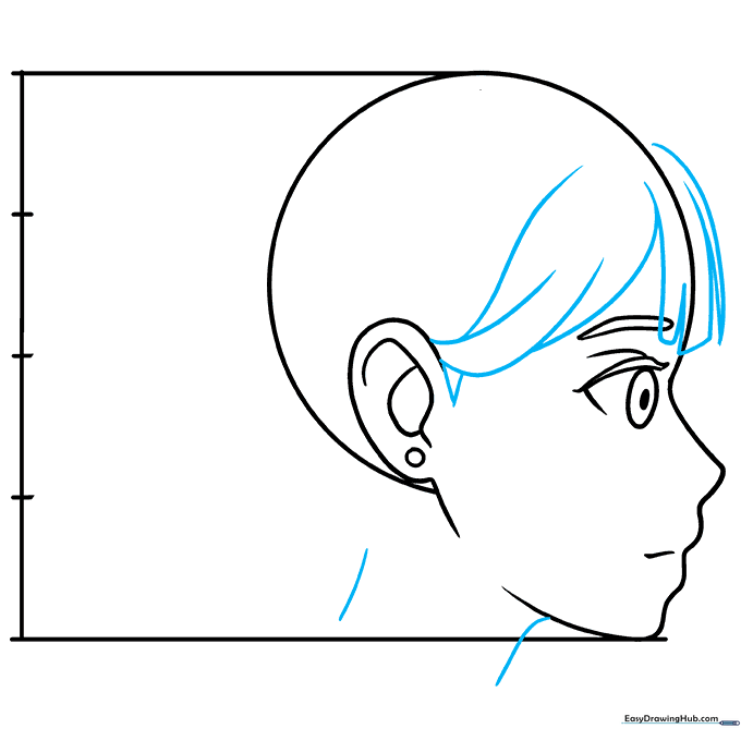 Sketching the initial hair outline and neck lines for an anime character.