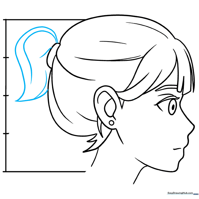 Adding a ponytail to the anime character with flowing hair lines.