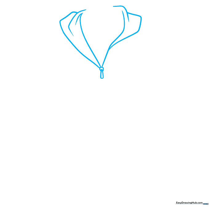 Pencil sketch showing the V-neckline of an anime hoodie with a zipper pull detail.