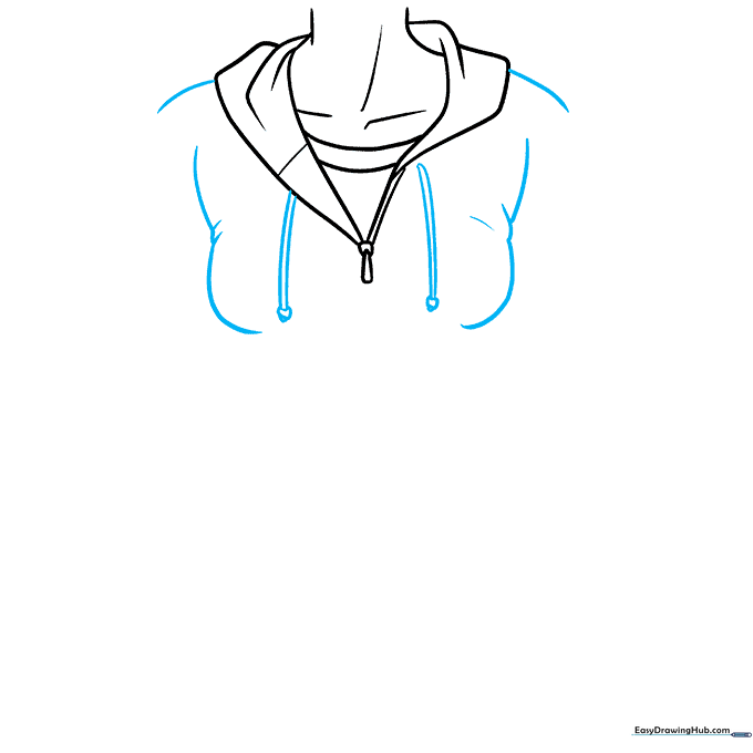 Drawing the shoulder lines and hanging hoodie drawstrings.