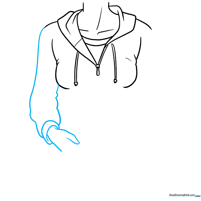Outlining the sleeve and hand tucked into the hoodie pocket.
