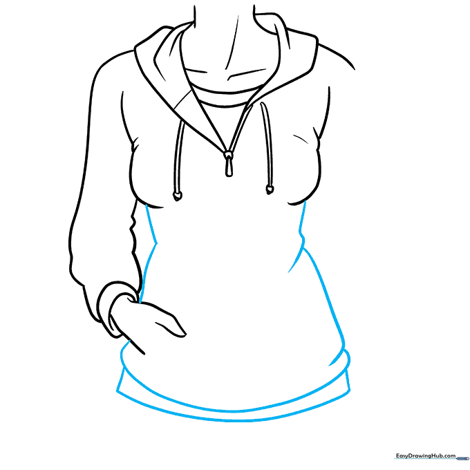 Sketching the torso of the hoodie with natural fabric folds.