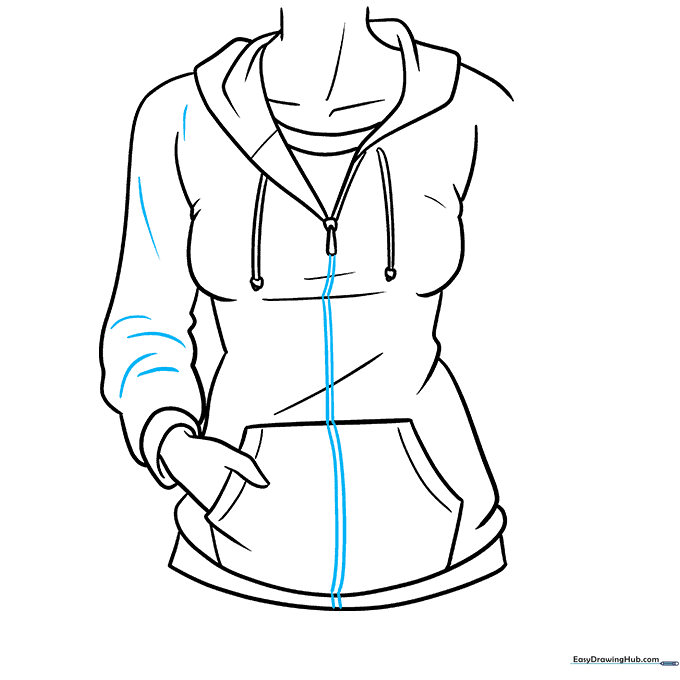 Detailing the zipper line and fabric folds on the hoodie.