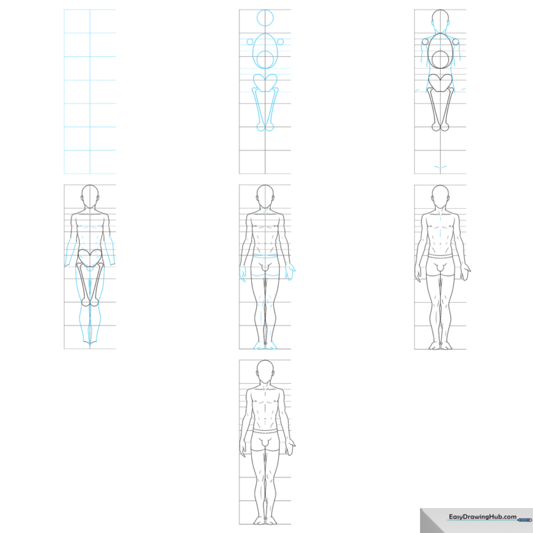 Finished anime male body character design, clean line art style.