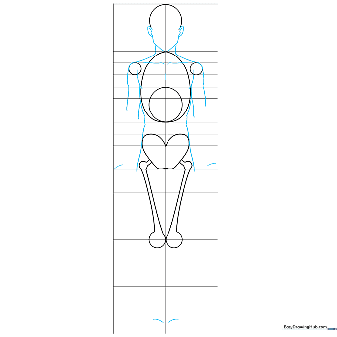 Refining the outline of the anime male character by connecting geometric shapes with smooth contours.