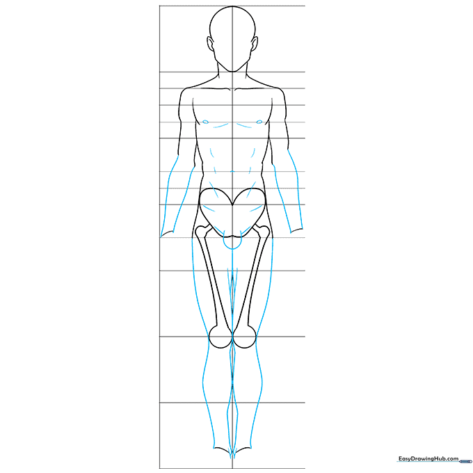 Adding muscular definition to the chest and limbs of the anime male sketch.