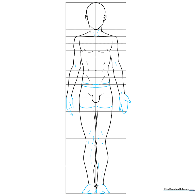 Detailed sketching of hands, feet, and joint areas on the anime male figure.