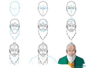A finished, colored anime old man character with a samurai bun and traditional robes.