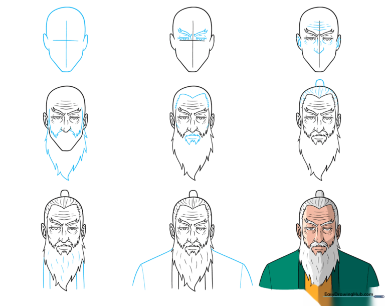 A finished, colored anime old man character with a samurai bun and traditional robes.