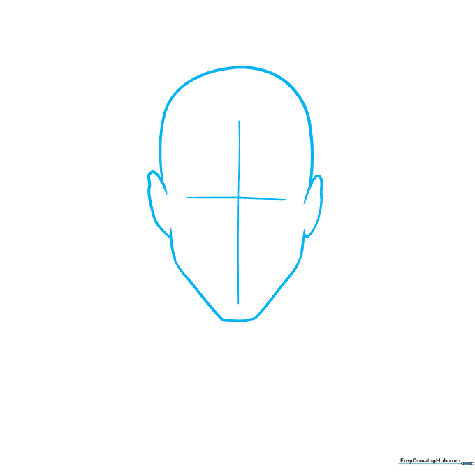 Pencil sketch showing a basic head outline with a cross-grid for facial alignment.