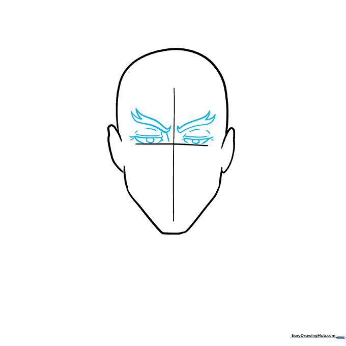 Close-up of anime eyes with heavy lids and furrowed, jagged eyebrows.