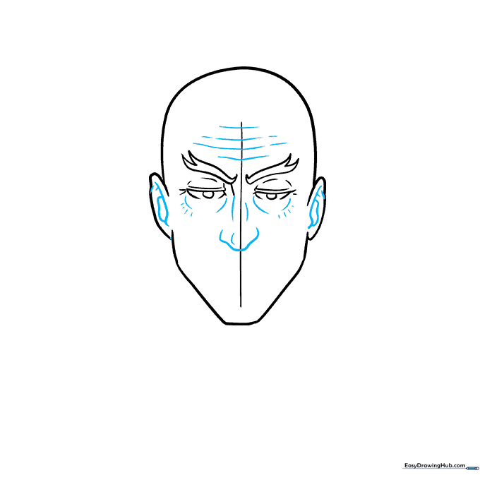 Facial features including a nose and under-eye wrinkles added to the portrait.