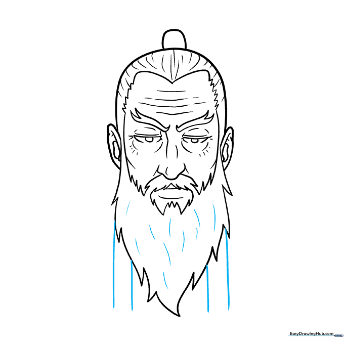 Adding texture lines to the beard and starting the outline of the character's robes.