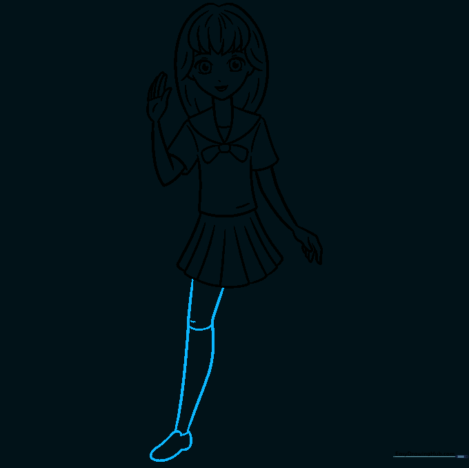 Pencil sketch of one leg with a sock band and shoe.