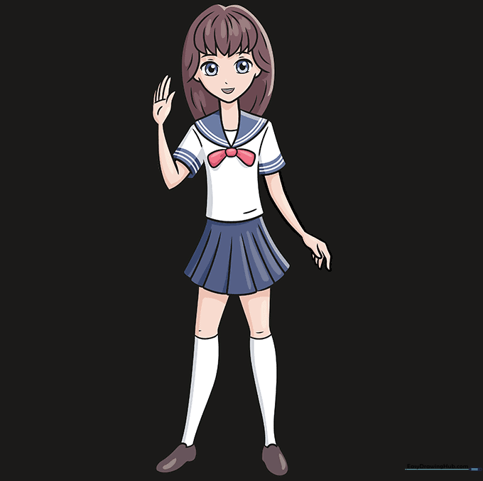 Final colored illustration of an anime school girl in a sailor uniform.