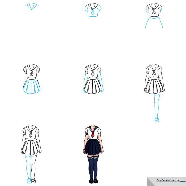 A complete, colored illustration of an anime school girl uniform, showcasing the final result of the tutorial.