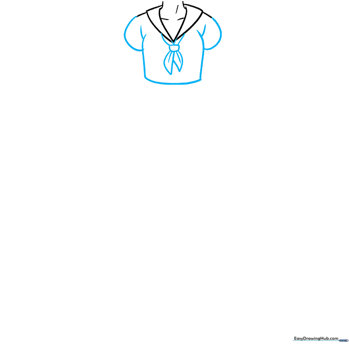 Drawing the blouse torso and the triangular sailor scarf with overlapping lines.