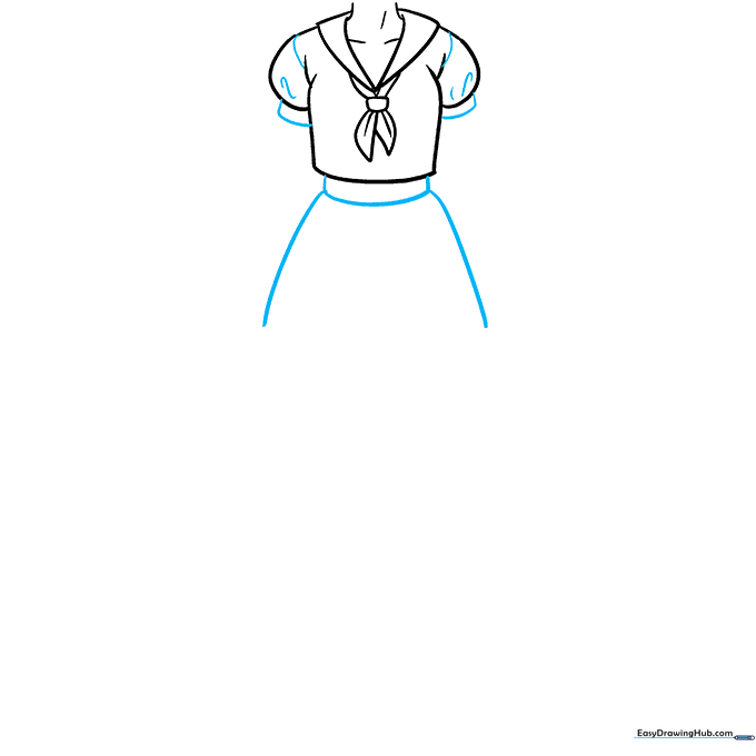 Adding sleeve cuffs, shirt hem, and the initial outline for the pleated skirt.