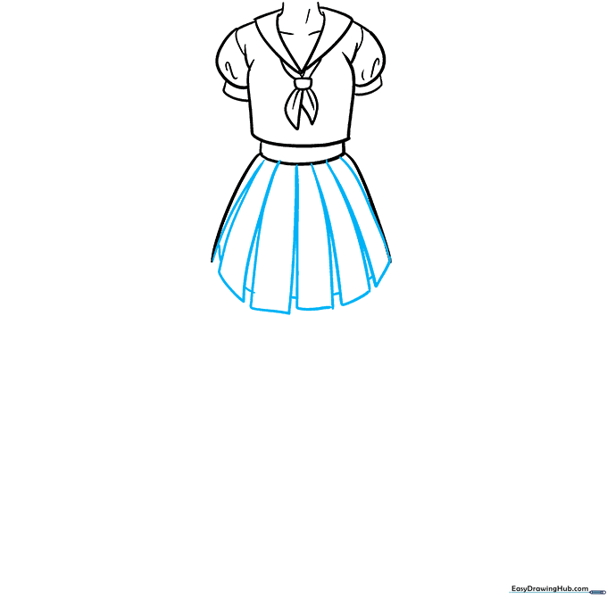 Detailed view of drawing a pleated skirt using rectangular segments.