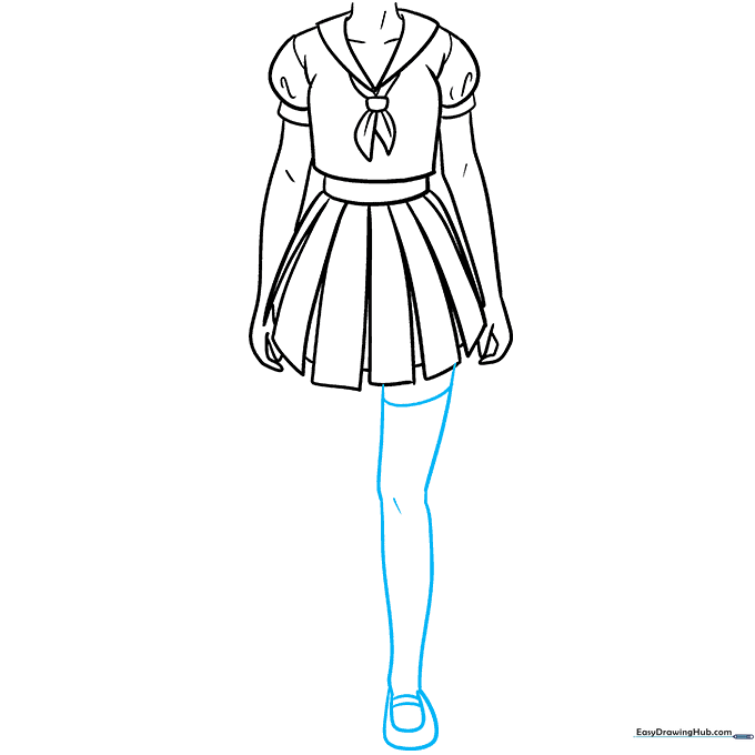 Drawing the first leg and school shoe with a strap detail.