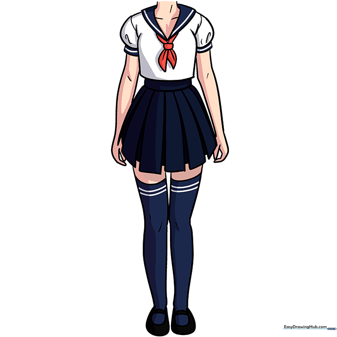 Final colored anime school uniform drawing with navy, white, and red accents.