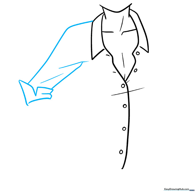 Sketching the first sleeve with a rolled cuff using overlapping curved lines.