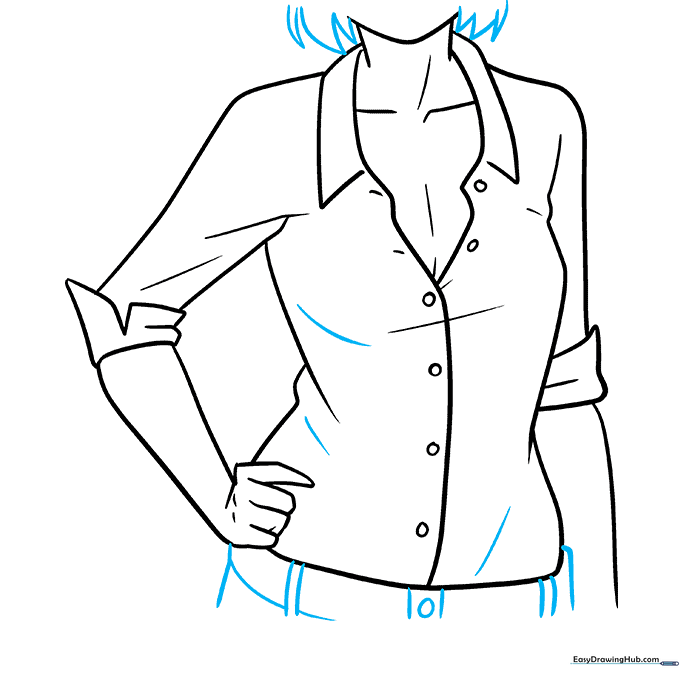 Adding final details like hair, belt, and fabric folds to the drawing.